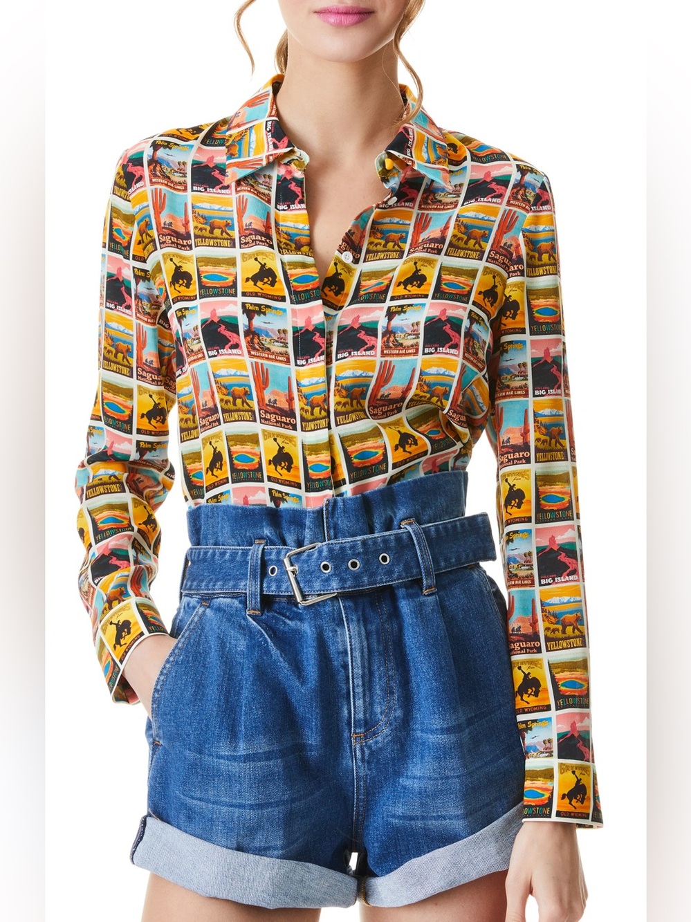 ‼️Alice + Olivia Postcard Print Silk Button Down Shirt Blouse
